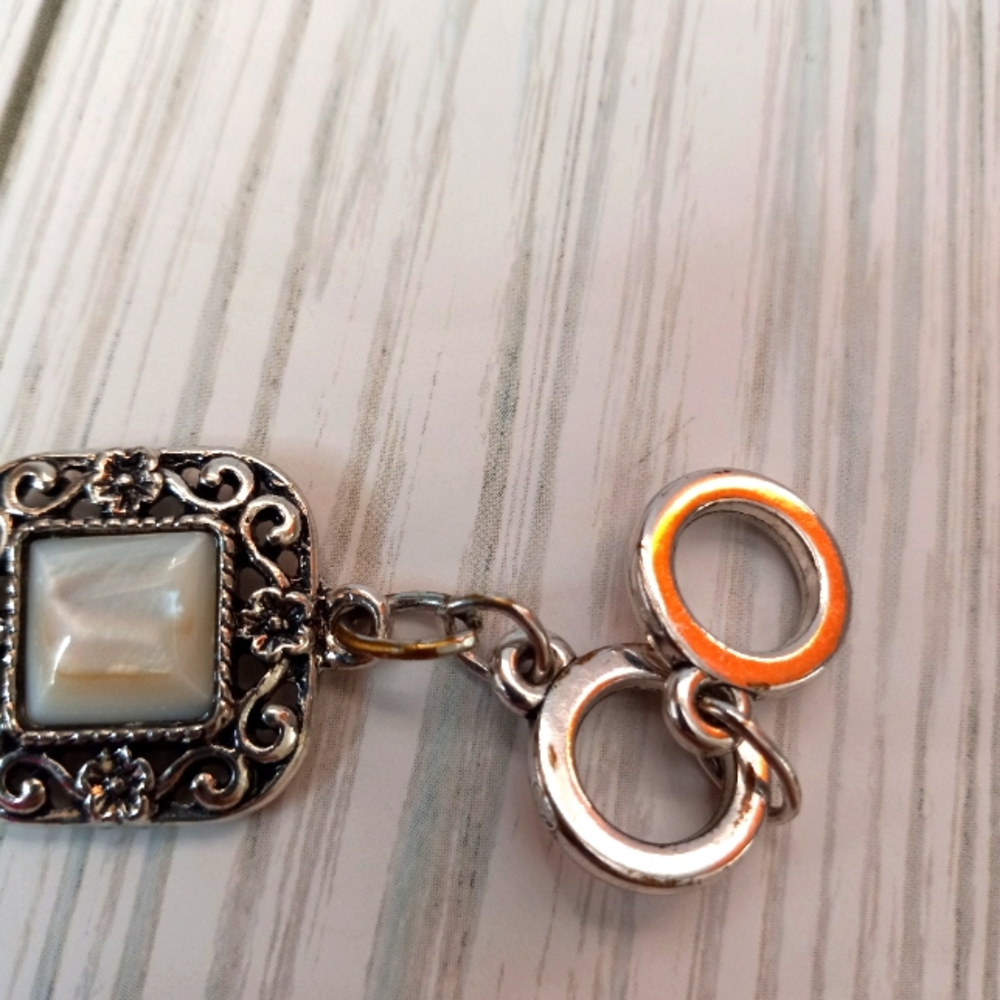 Silver Tone Costume Statement Bracelet With White Tile Stones - Picture 5 of 7